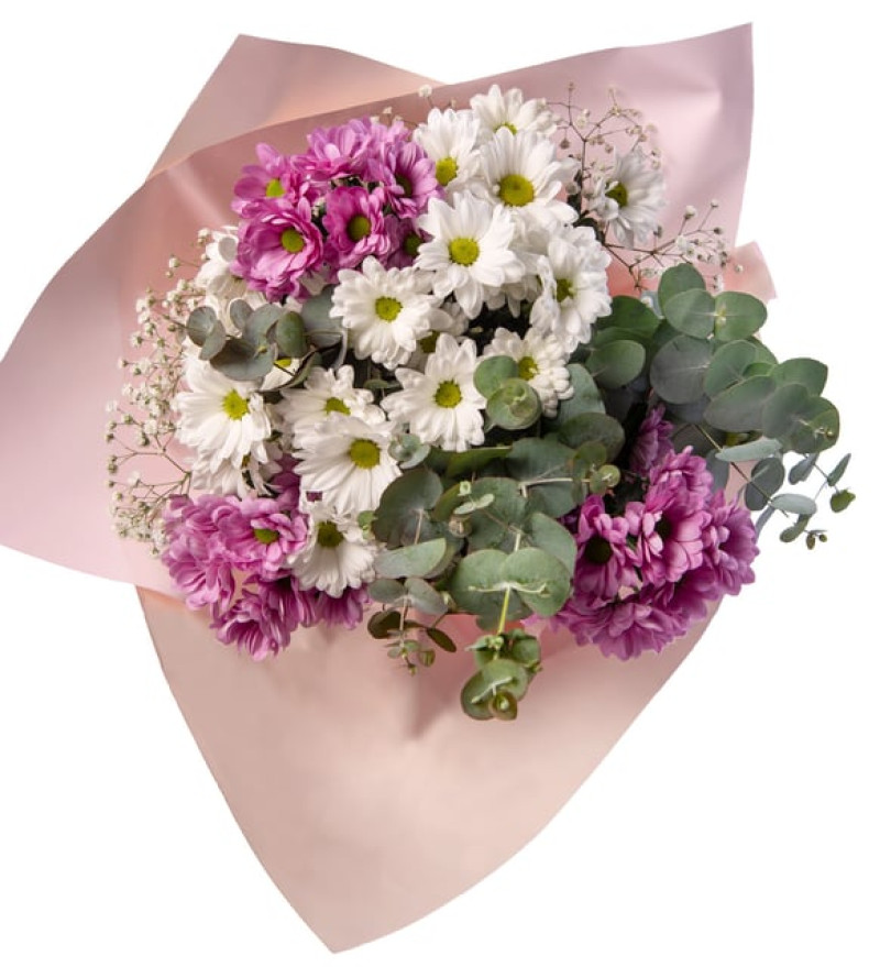 Beyaz Buket Kağıdında Beyaz ve Pembe Papatyalar