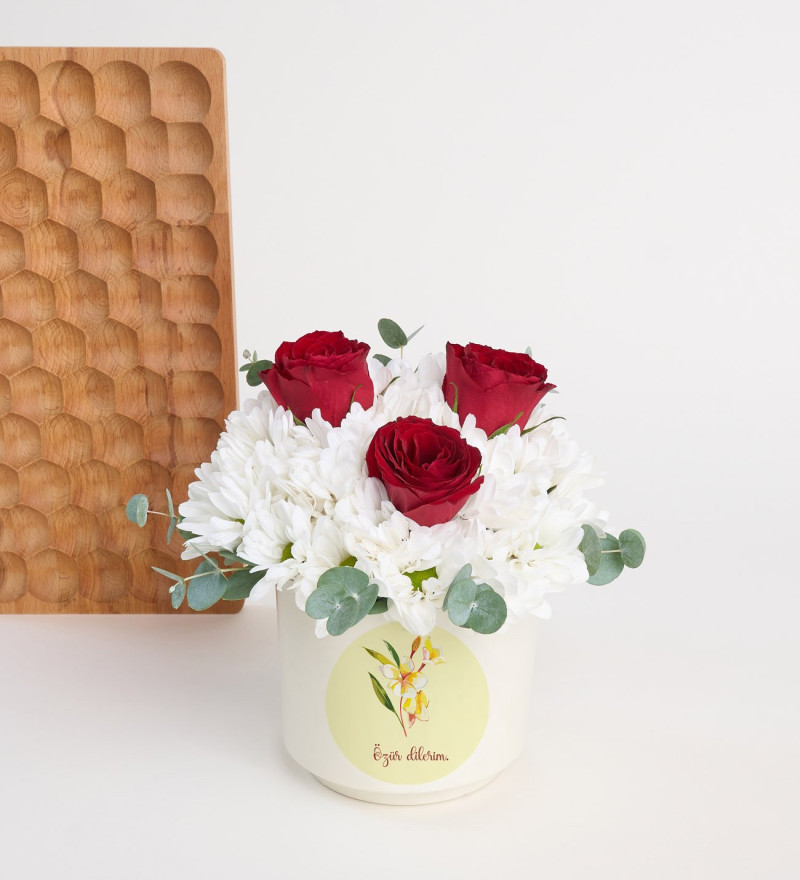 Özür Dilerim Vazolu 3 Kırmızı Gül ve Papatya Aranjmanı