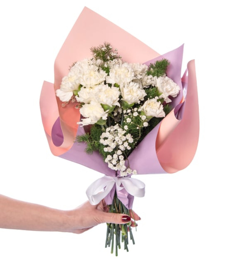 Lila Pembe Bukette Beyaz Karanfiller